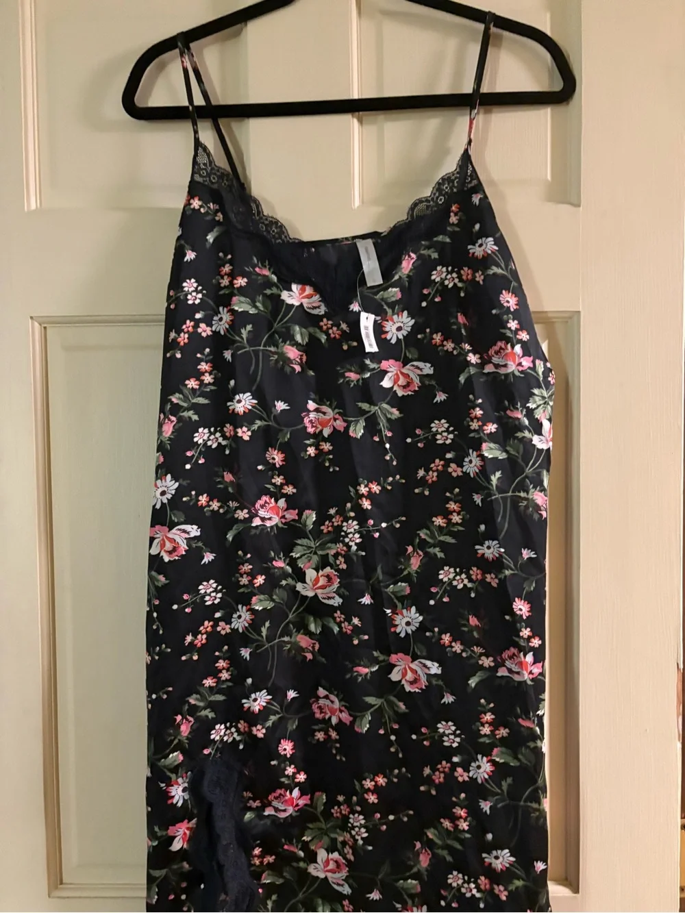 Gapbody Floral Lace-Trim Satin Slip Nightdress in Black and Pink